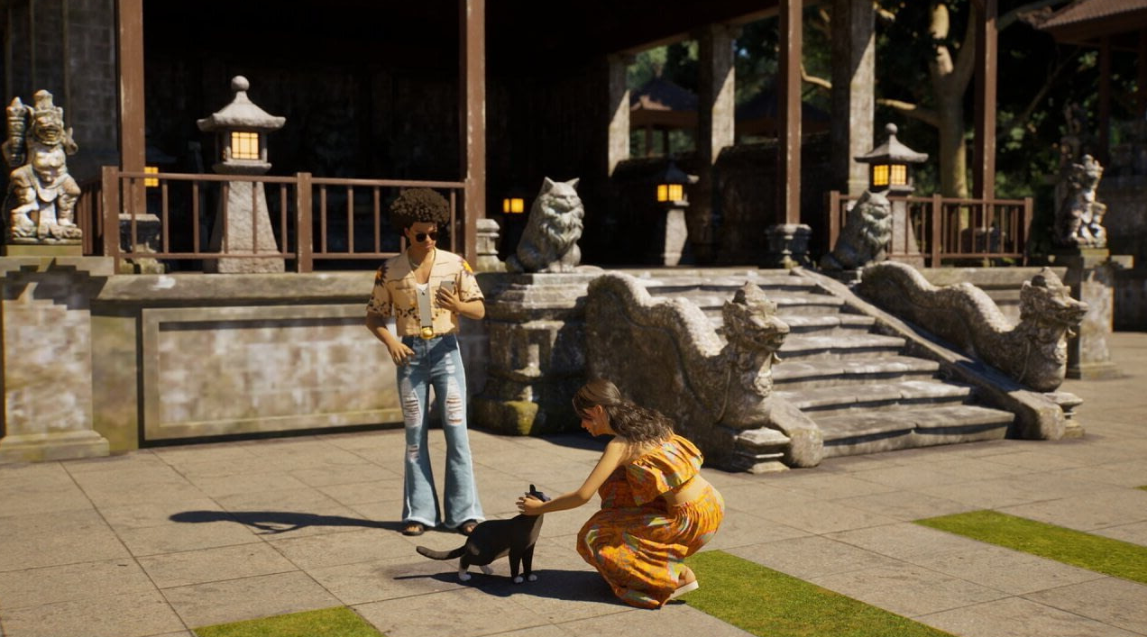 Vacation on the island inZOI girl petting a cat