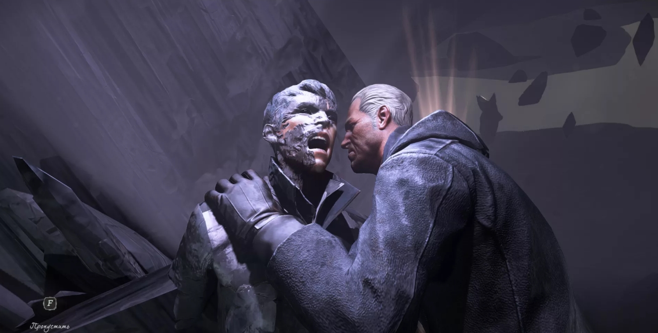 A man confronting a stone statue of the Outsider in a mystical scene
