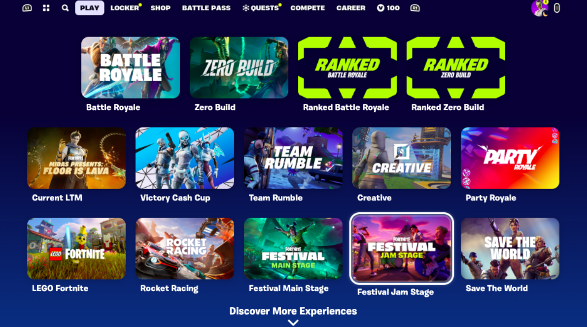 Fortnite modes interface menu