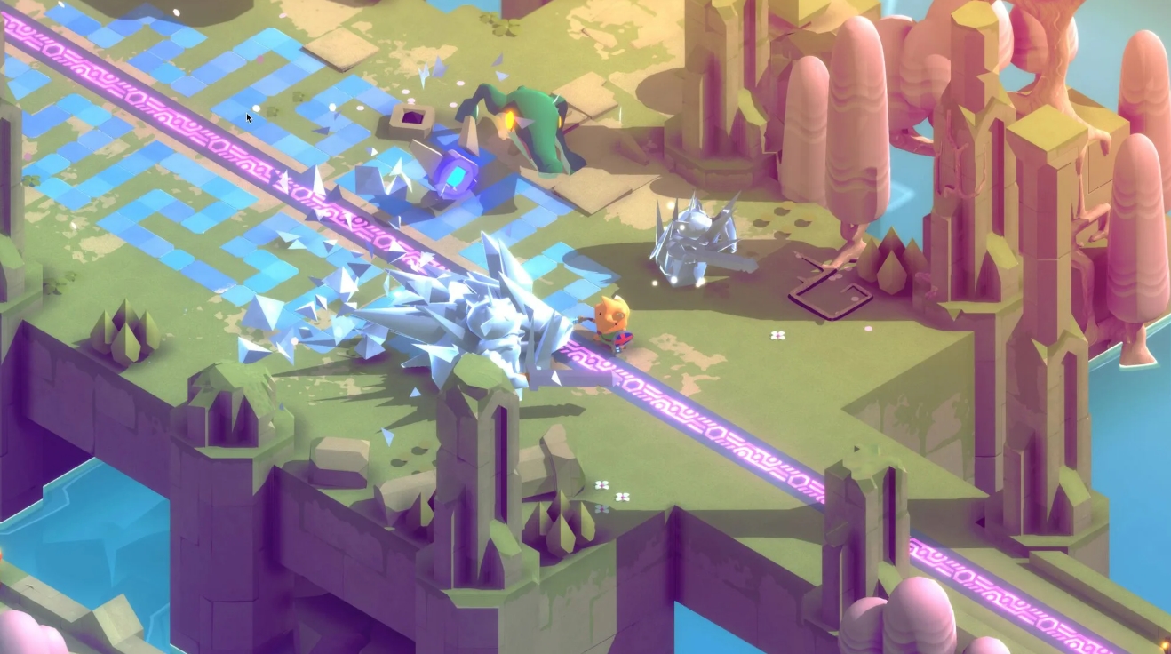 Fox character fighting crystal enemies on a floating path with glowing patterns