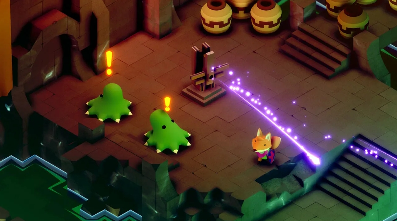 Fox exploring a dungeon while avoiding laser traps and slime enemie
