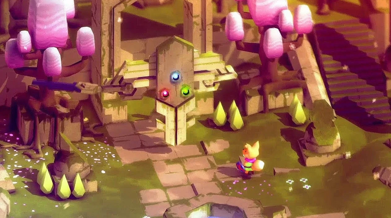 Fox hero near a mysterious shrine with glowing symbols in a colorful forest
