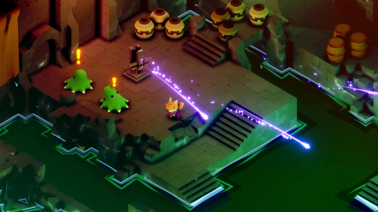 Fox navigating a dungeon with active laser beams and alerted enemies