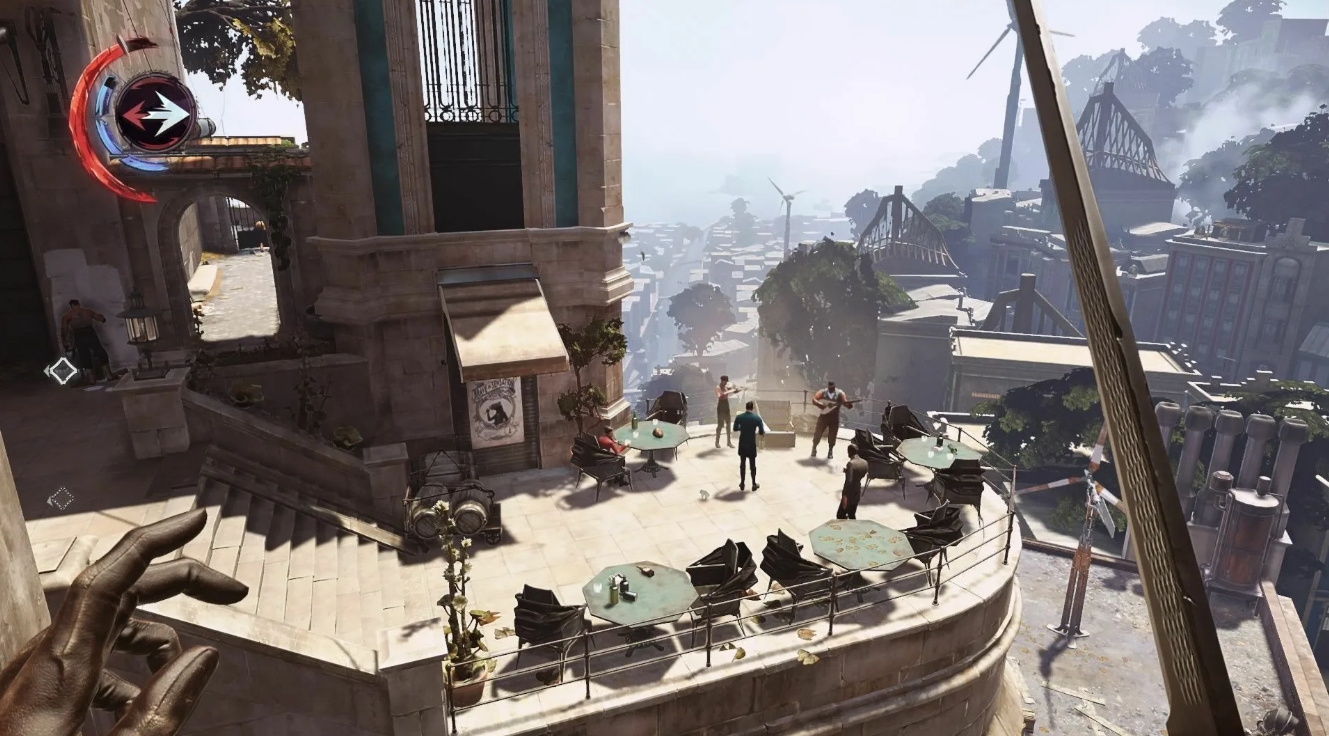 Rooftop terrace scene overlooking Karnaca with guards and civilians