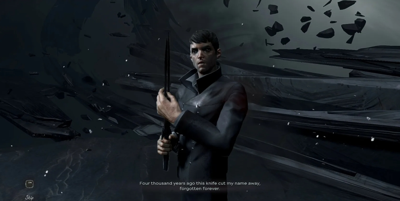 The Outsider holding a knife in a dark void with floating fragments