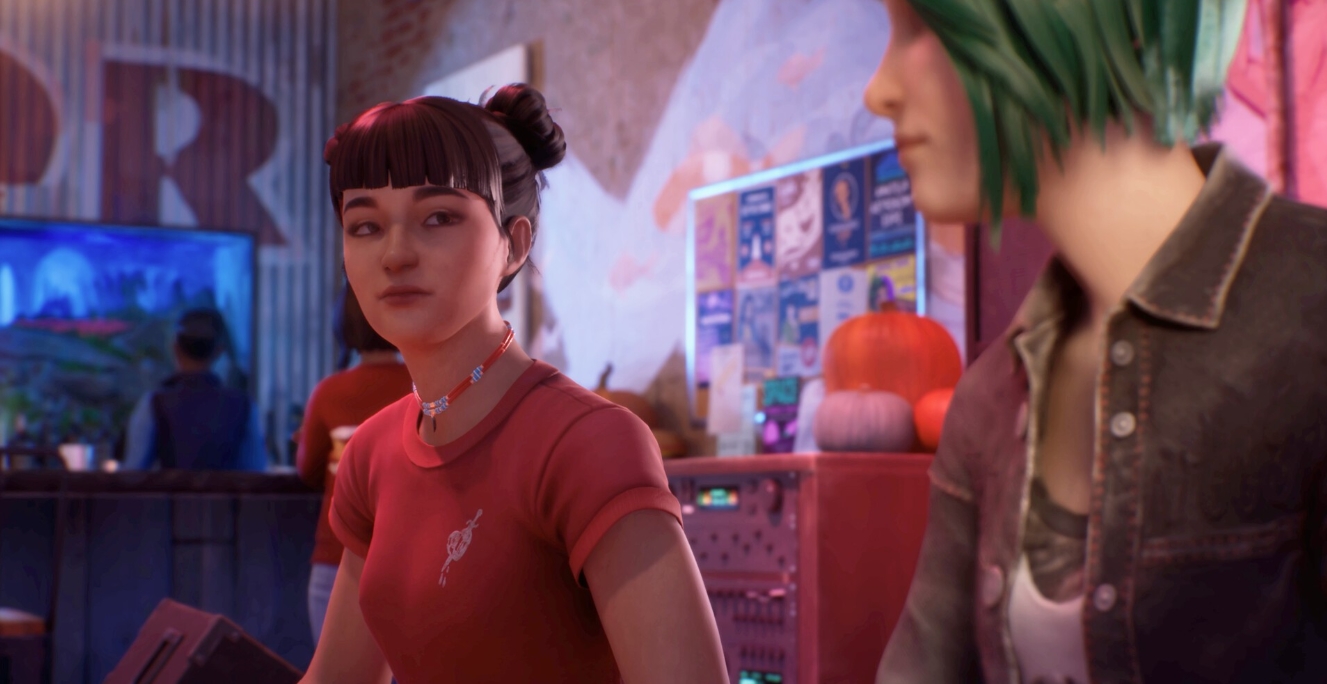 Two girls talking in a cozy room with neon lighting, one with green hair and one with black hair in buns