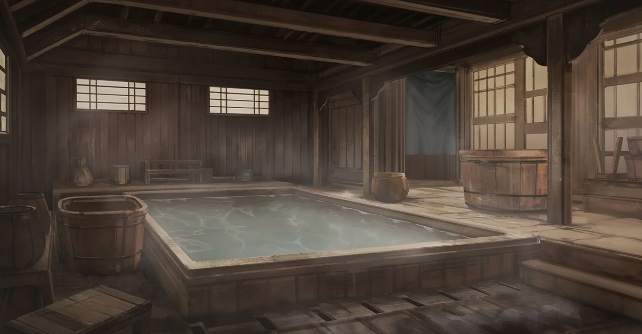 A quiet wooden bathhouse with a steaming indoor pool
