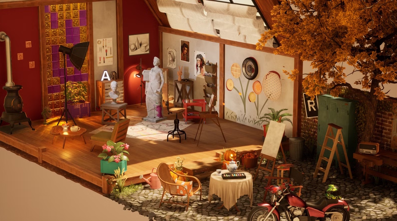 Artistic studio filled with decor, sculptures, and warm lighting in Hozy game