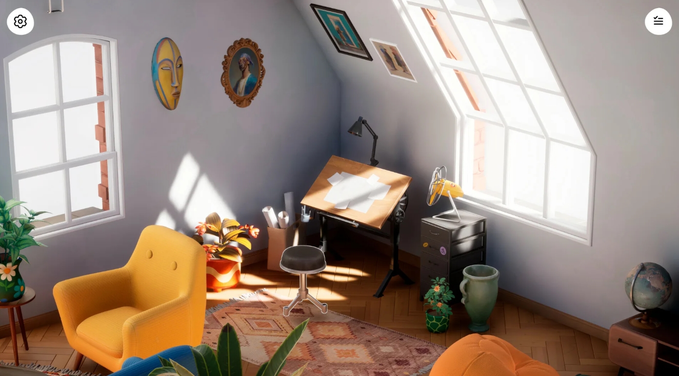 Bright workspace with desk, plants, and chair in a cozy attic room in Hozy