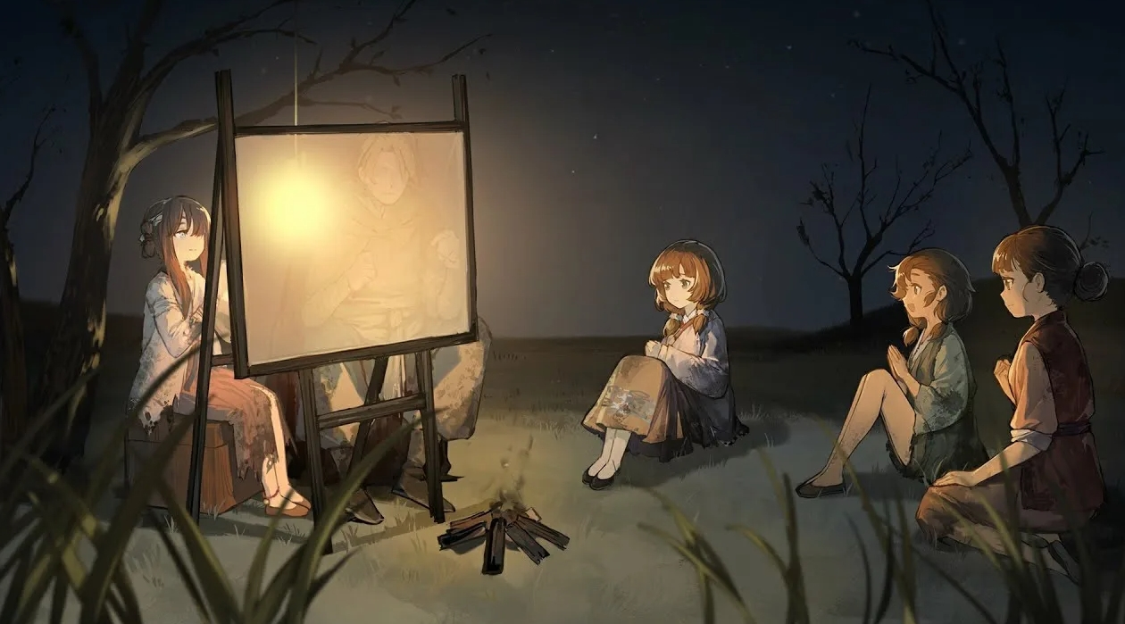 Children sit around a campfire at night, watching a shadow puppet story