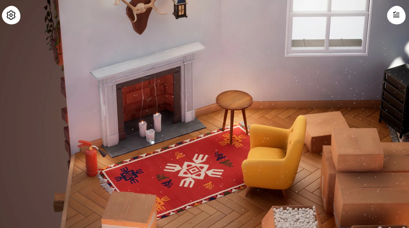 Cozy living room with fireplace, armchair, rug, and candles in Hozy game