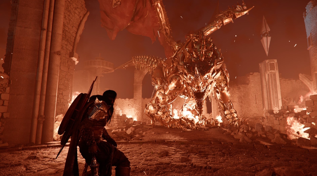 Crimson Desert boss fight – warrior facing a massive fire dragon inside a ruined castle