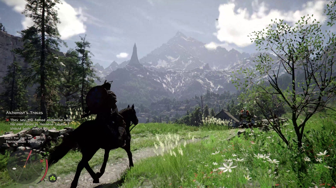 Crimson Desert gameplay – knight riding a horse through a lush open world with mountains in the background