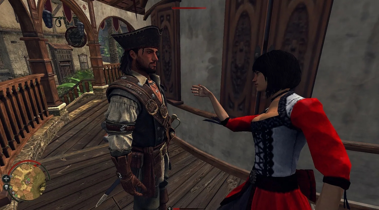 Dialogue scene between pirate and woman in a colonial building in Vendetta Curse of Raven's Cry