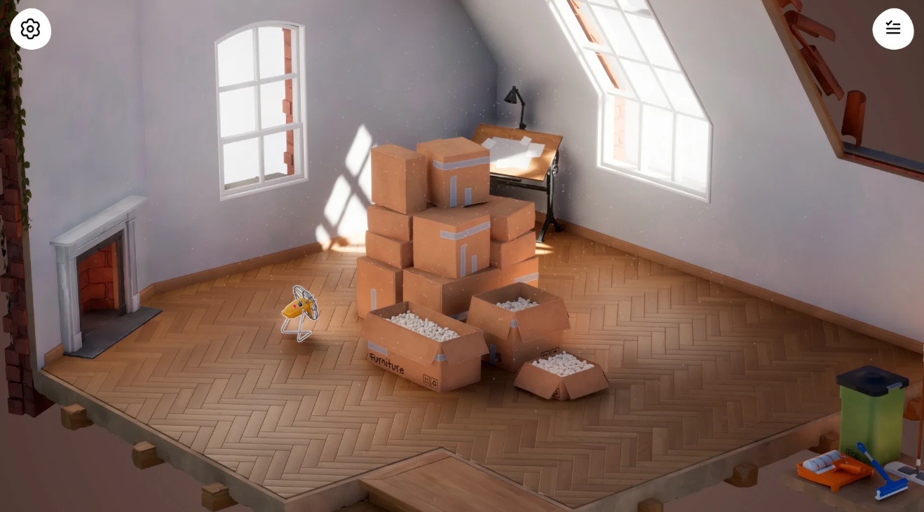 Empty attic room with moving boxes and sunlight through windows in Hozy