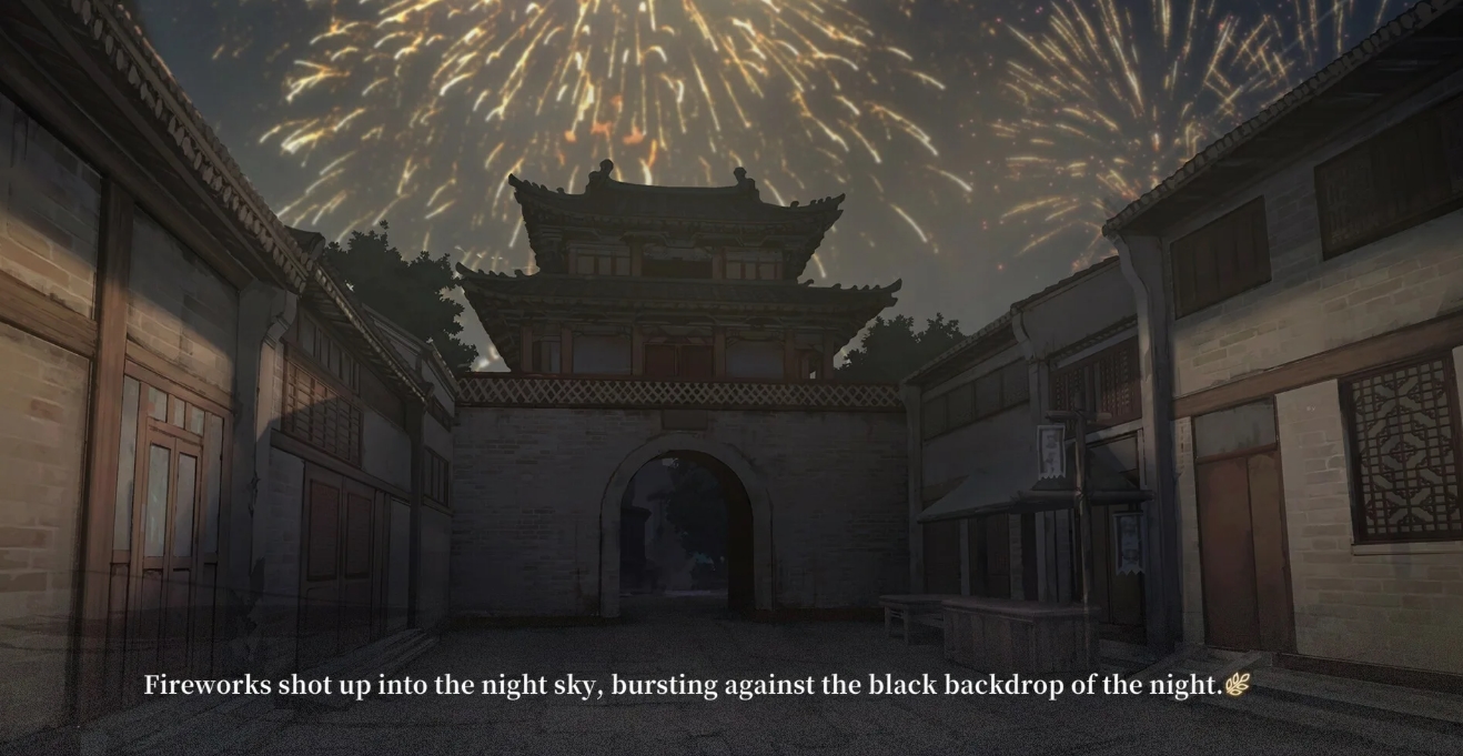 Fireworks light up the night sky above a traditional city gate