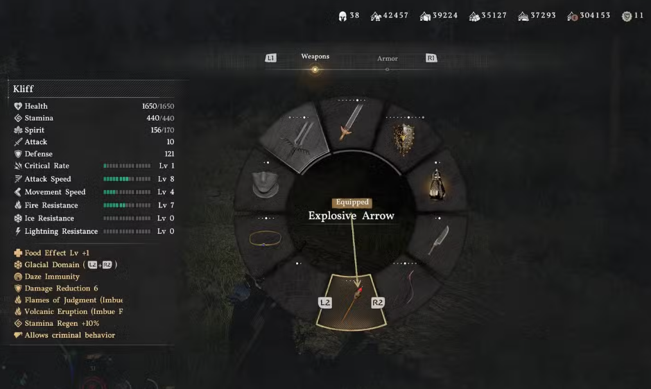 Equip explosive arrows menu