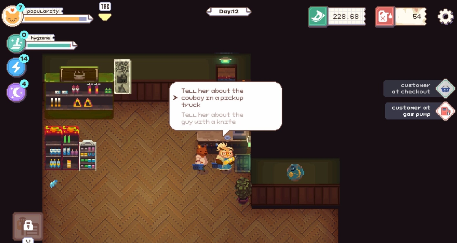 Interior of a small gas station shop with dialogue choices and customers in The Last Gas Station gameplay