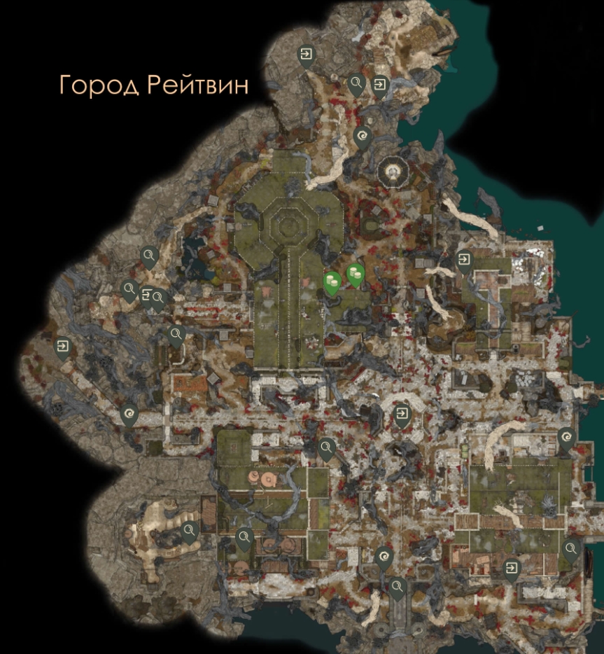 Map of Reithwin Town in Baldur’s Gate 3 with marked points of interest and ruined areas