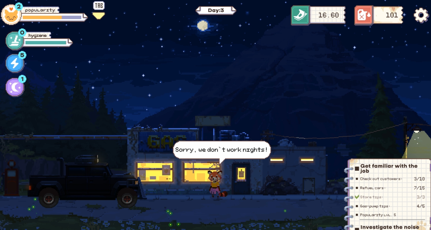 Night gameplay at a gas station with a customer car and closed service in The Last Gas Station