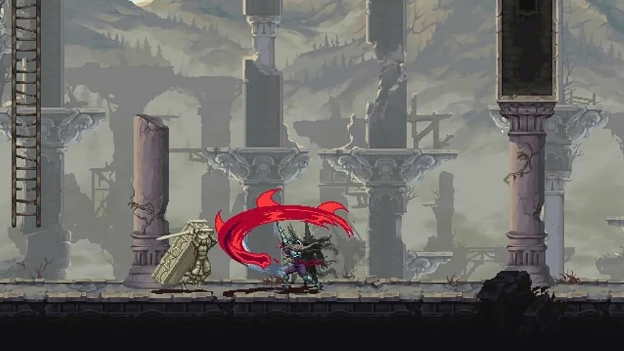 Penitent One attacks a stone knight in ancient ruined columns environment