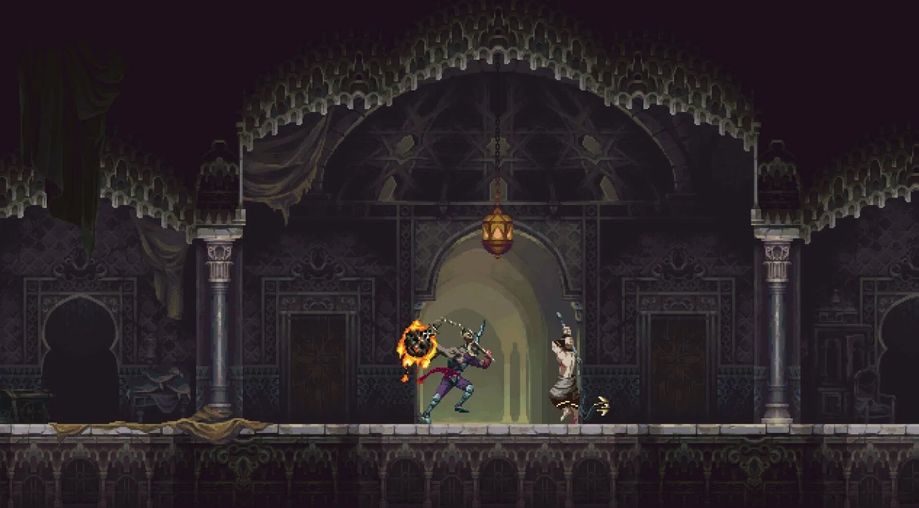 Penitent One battles a humanoid enemy inside an ornate cathedral hall