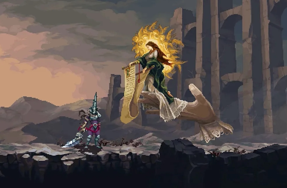 Penitent One faces a giant floating angelic figure in a desolate landscape