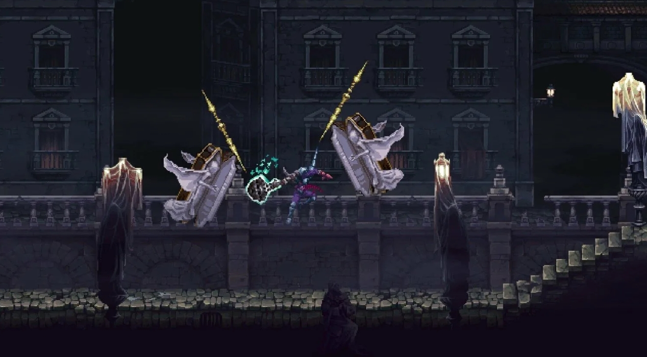 Penitent One fights armored enemies with shields on a dark gothic bridge