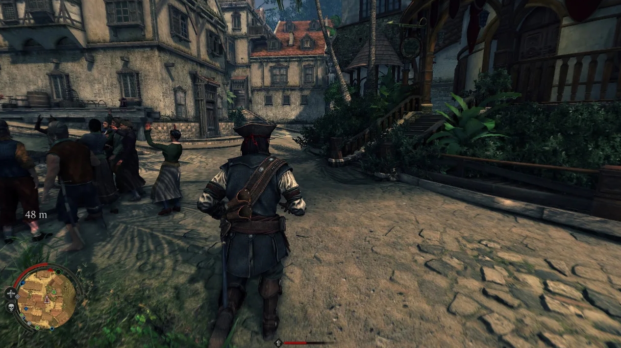 Pirate character walking through a colonial town street in Vendetta Curse of Raven's Cry