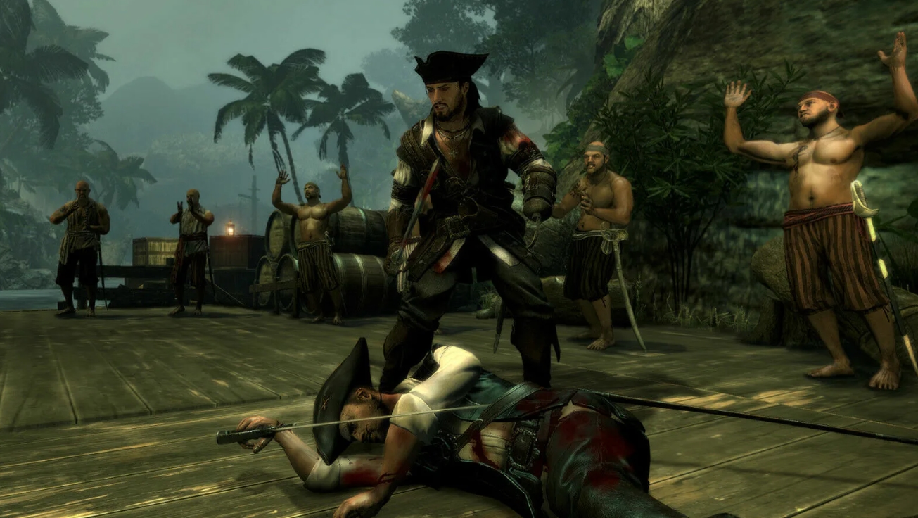 Pirate duel scene with sword combat on a tropical dock in Vendetta Curse of Raven's Cry
