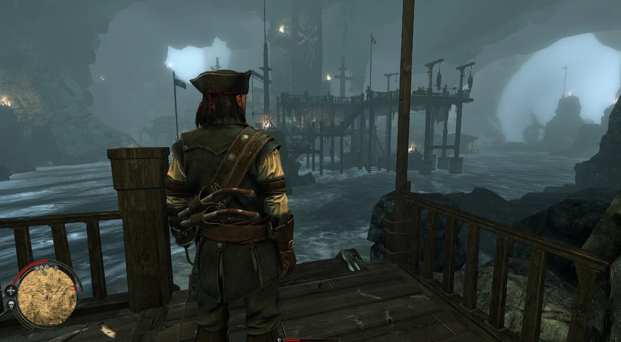Pirate standing on a wooden pier in a foggy cave harbor in Vendetta Curse of Raven's Cry
