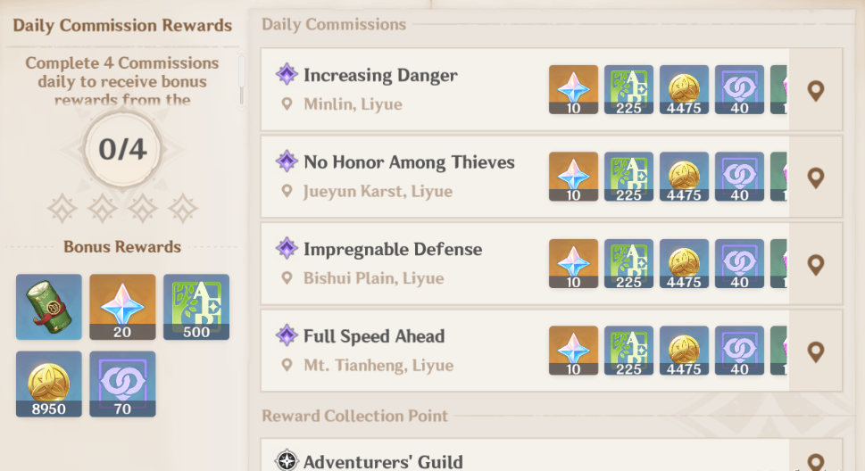 Genshin daily quests rewards