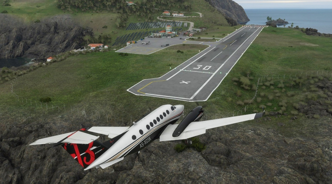 Aircraft attempting a landing on a short runway surrounded by cliffs