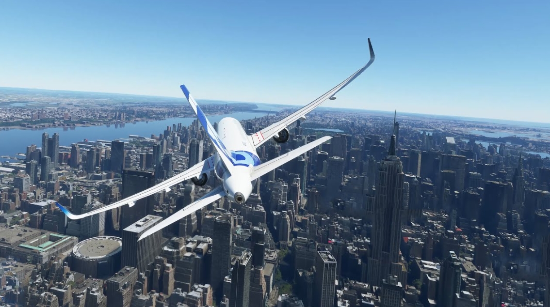 Aircraft flying above New York City in Microsoft Flight Simulator 2020