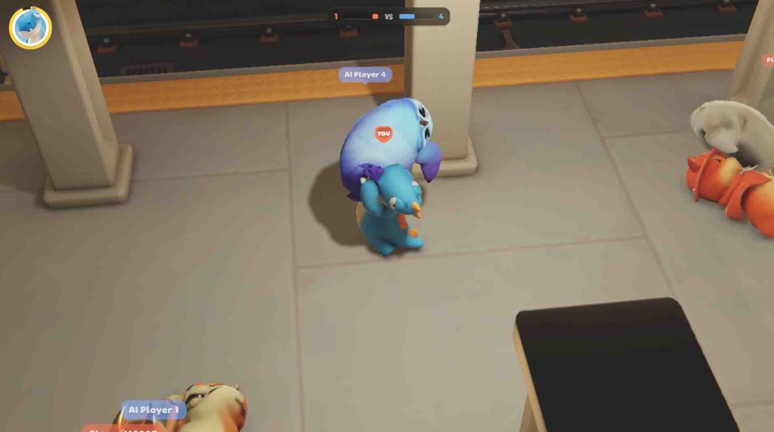 Blue monster character in Party Animals standing beside defeated opponents in an arena