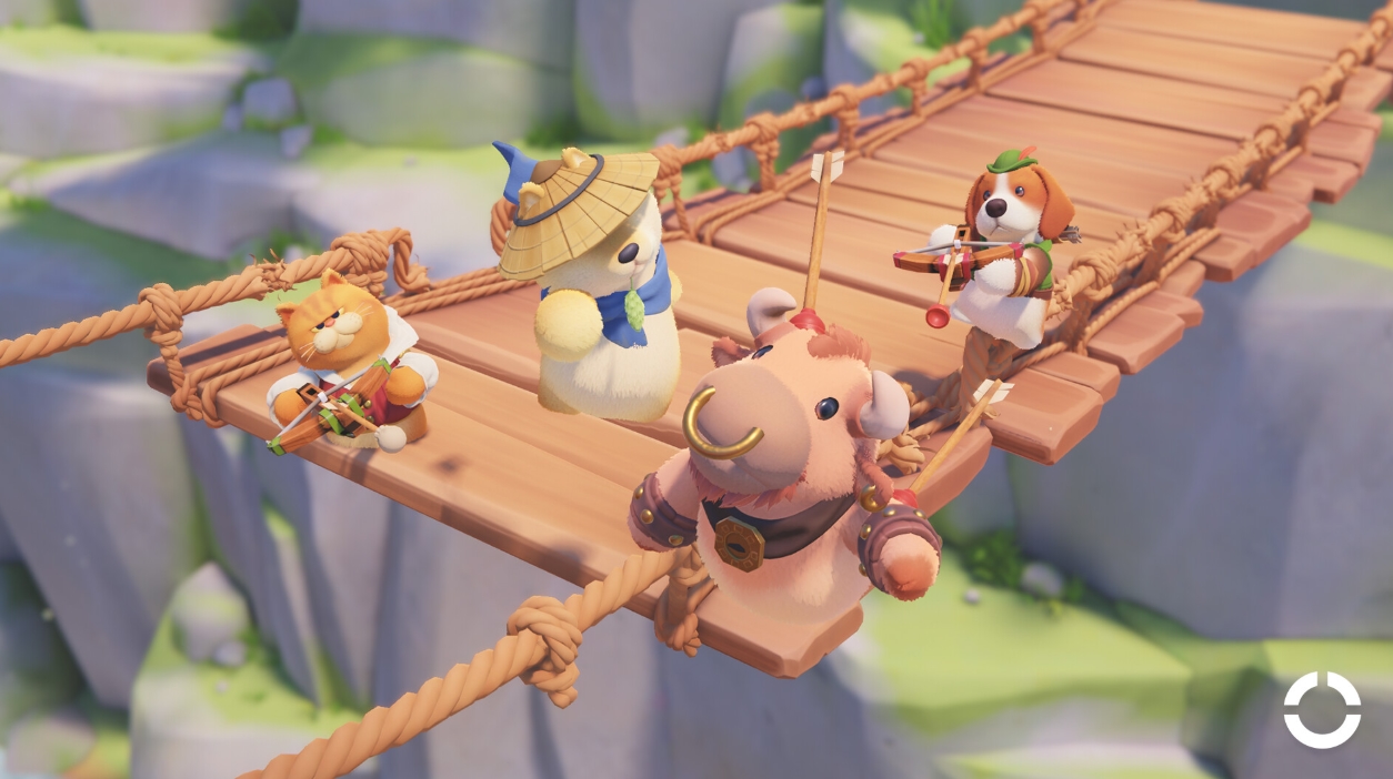 Cute animal musicians standing on a wooden bridge in Party Animals
