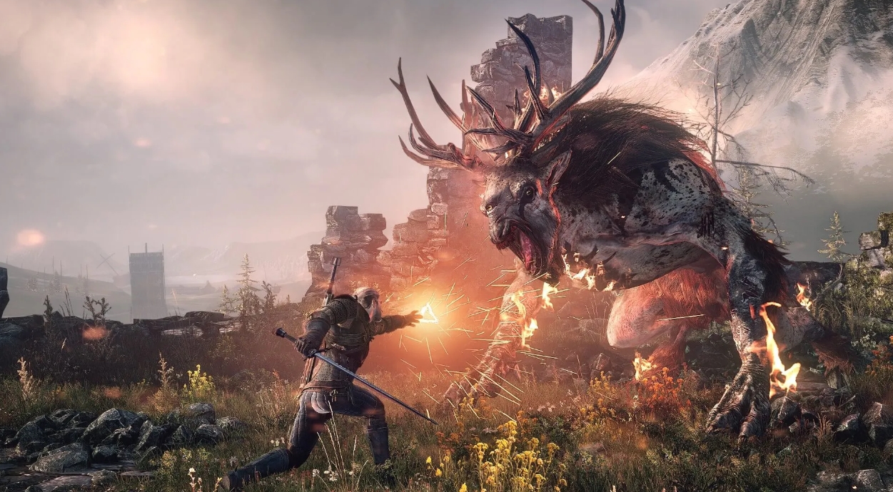 Geralt battles a massive monster in the mountains in The Witcher 3 Wild Hunt