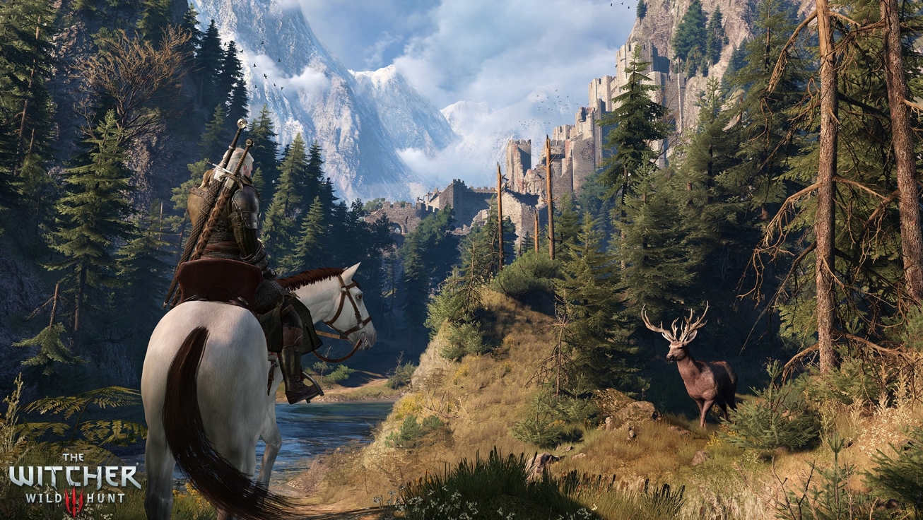 Geralt riding Roach through a mountain valley near an ancient fortress in The Witcher 3