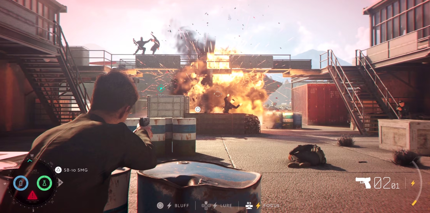 Gunfight and explosions during an action-packed combat sequence in 007 First Light