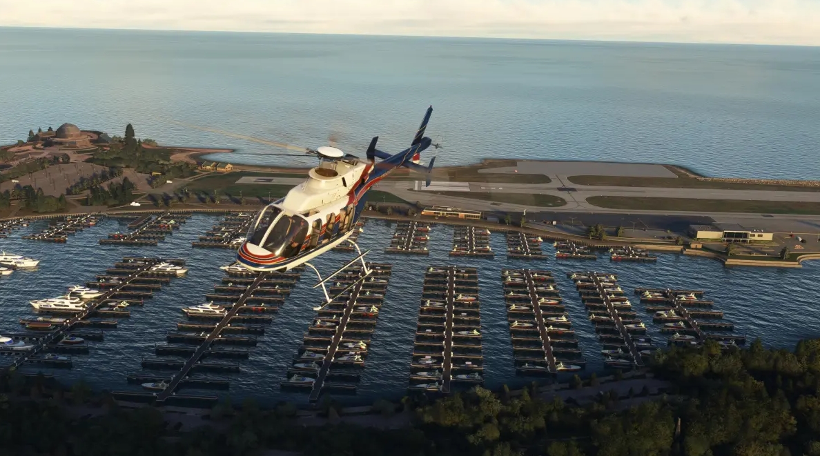 Helicopter flying above a coastal marina in Microsoft Flight Simulator 2020