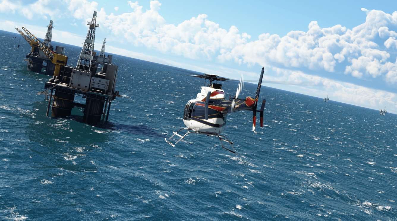 Helicopter flying near an offshore oil platform in Microsoft Flight Simulator