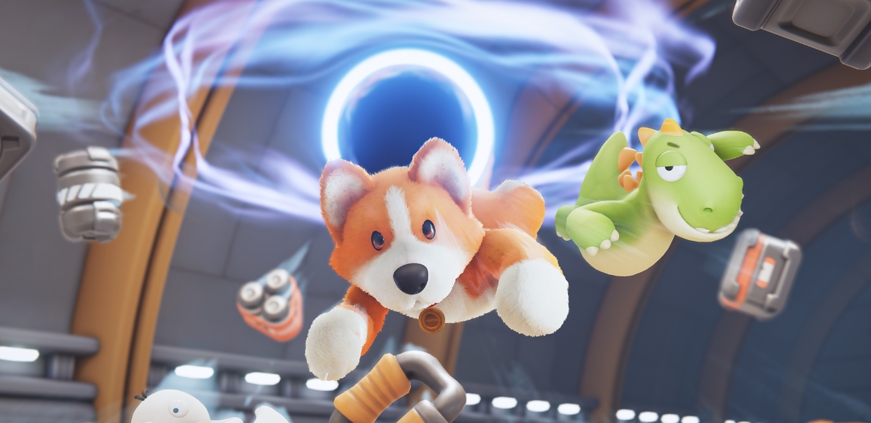 Plush animals floating in zero gravity during a chaotic Party Animals match