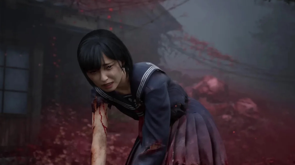 horror scene from Silent Hill f with injured schoolgirl