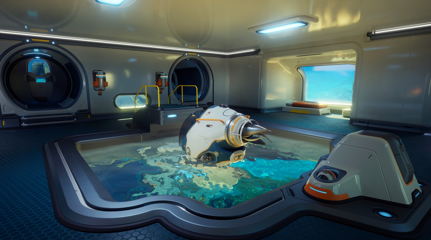 modern underwater base interior with exploration drone in Subnautica 2