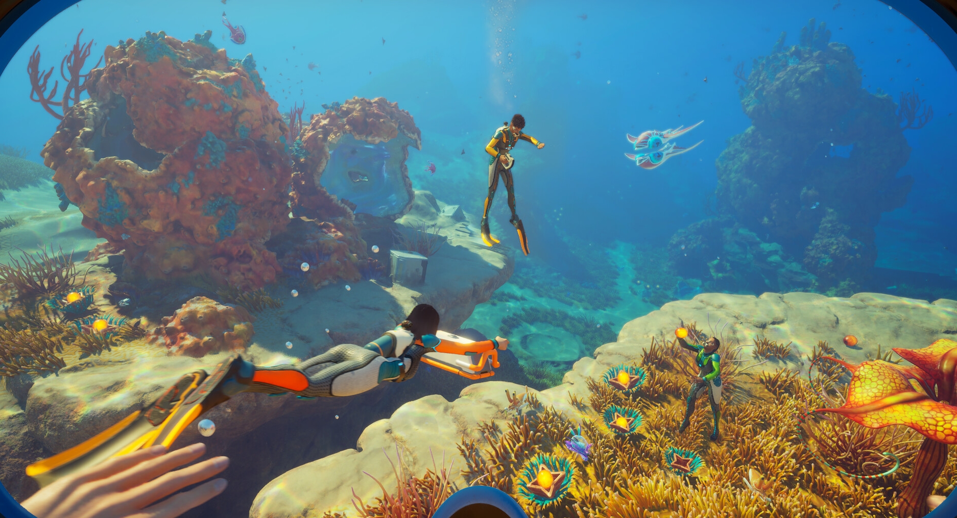 players exploring colorful ocean biomes together in Subnautica 2