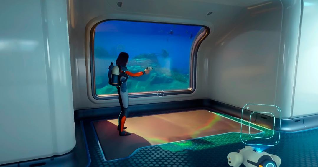 player standing inside underwater observation room in Subnautica 2