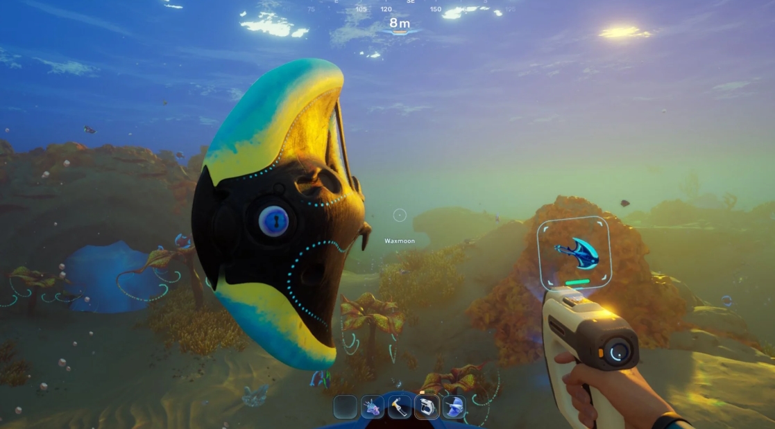 player scanning strange alien sea creature in Subnautica 2