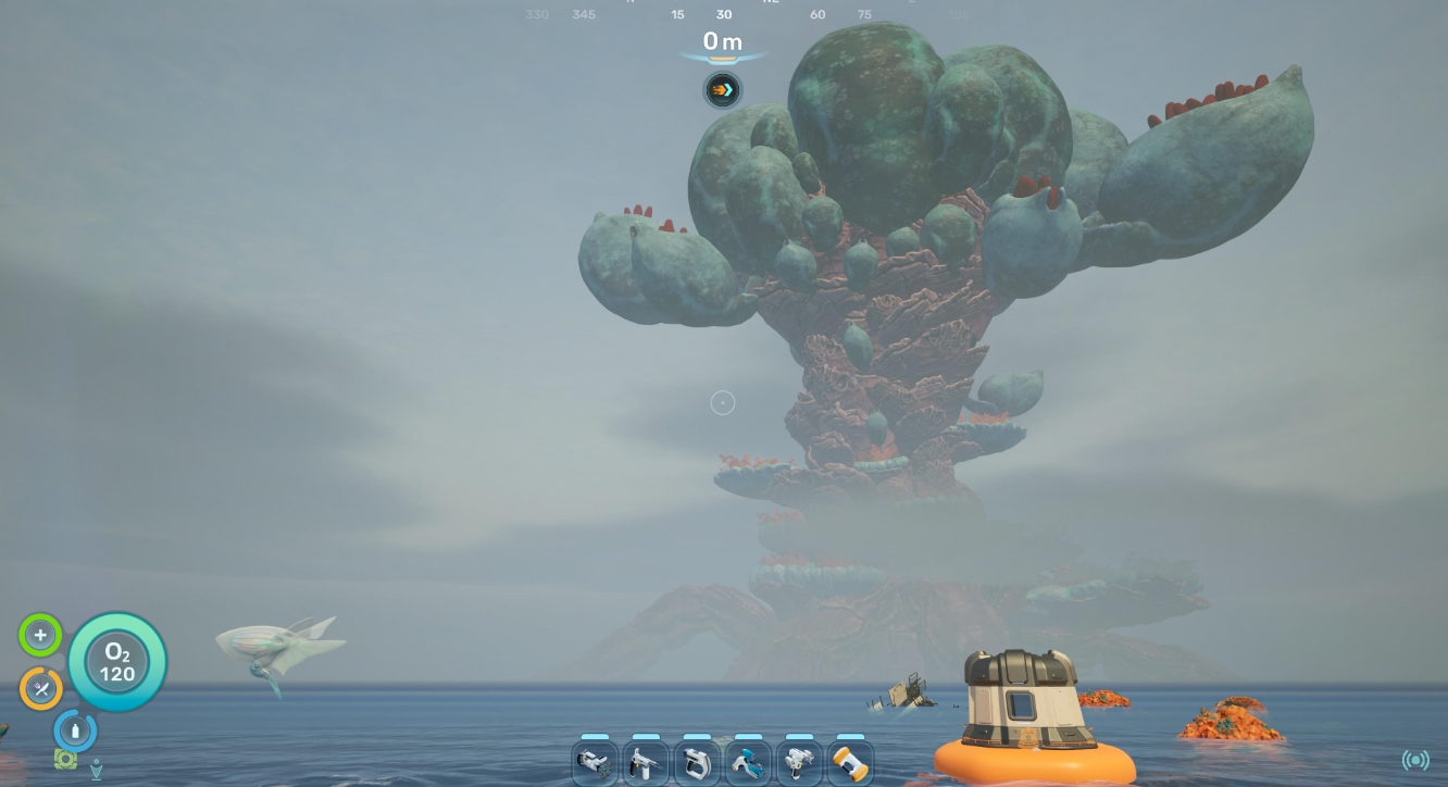 giant alien sea organism rising above ocean in Subnautica 2
