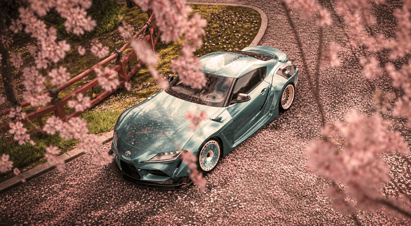 Toyota Supra parked beneath cherry blossom trees in Forza Horizon 6 Japan setting