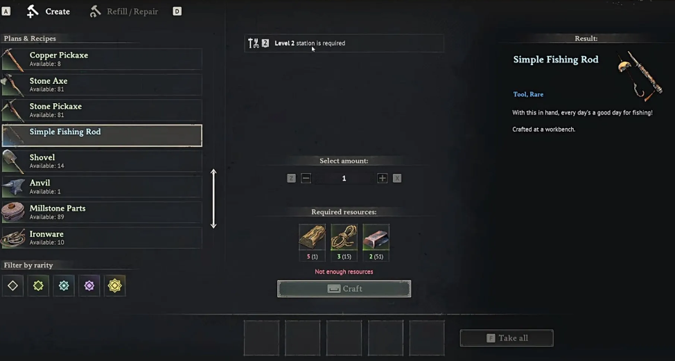 Crafting fishing rod resources